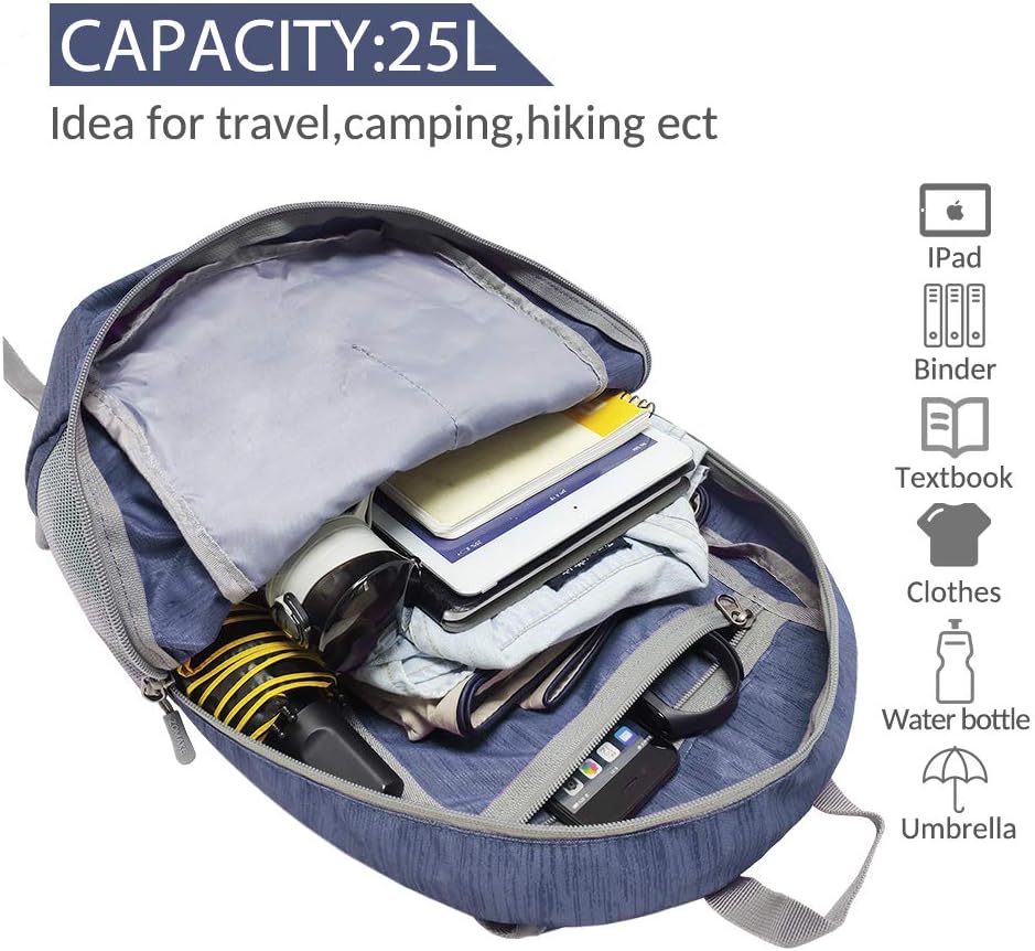 ZOMAKE 25L Ultra Lightweight Packable Backpack, Foldable Hiking Backpacks Water Resistant Small Folding Daypack for Travel(Navy Blue)