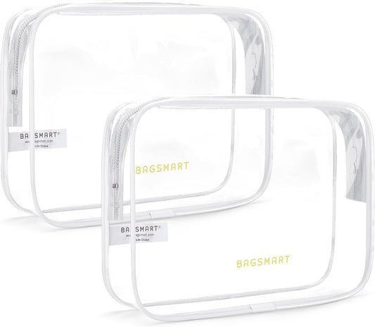 BAGSMART Clear Toiletry Bag, 2 Packs TSA Approved Water Resistant Quart Size Travel Organizer, Airport Airline Travel Essential Carry On Makeup Cosmetic Bags for Women, White