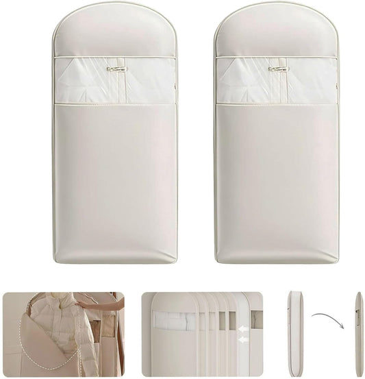 2 Packs Space Saving Garment Bag with Self Compression Zipper,Travel Suit Bags for Closet Storage, Hanging Garment Bag for Coats, Down Jackets (Large, Beige)
