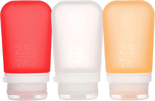 humangear GoToob+ 3-Pack (Medium) | Refillable Silicone Travel Bottle | Locking Lid | Food-Safe Material, Clear/Red/Orange, Medium (2.5 fl.oz.; 74ml)