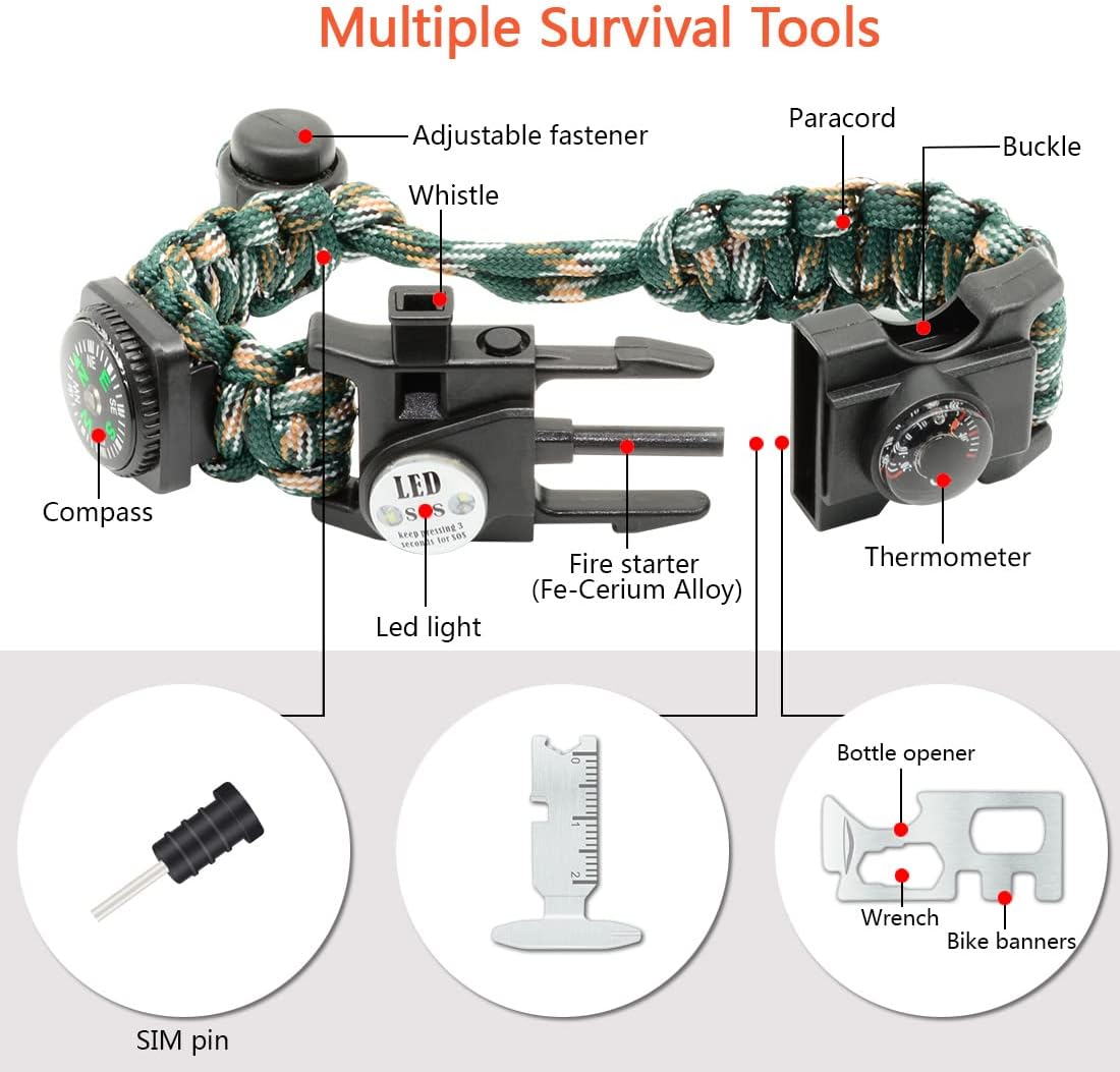 20 in 1 Survival Paracord Bracelet Adjustable Gear Kit with SOS LED Light, Fire Starter, Bigger Compass, Survival Whistle, Perfect for Camping, Hiking, Fishing