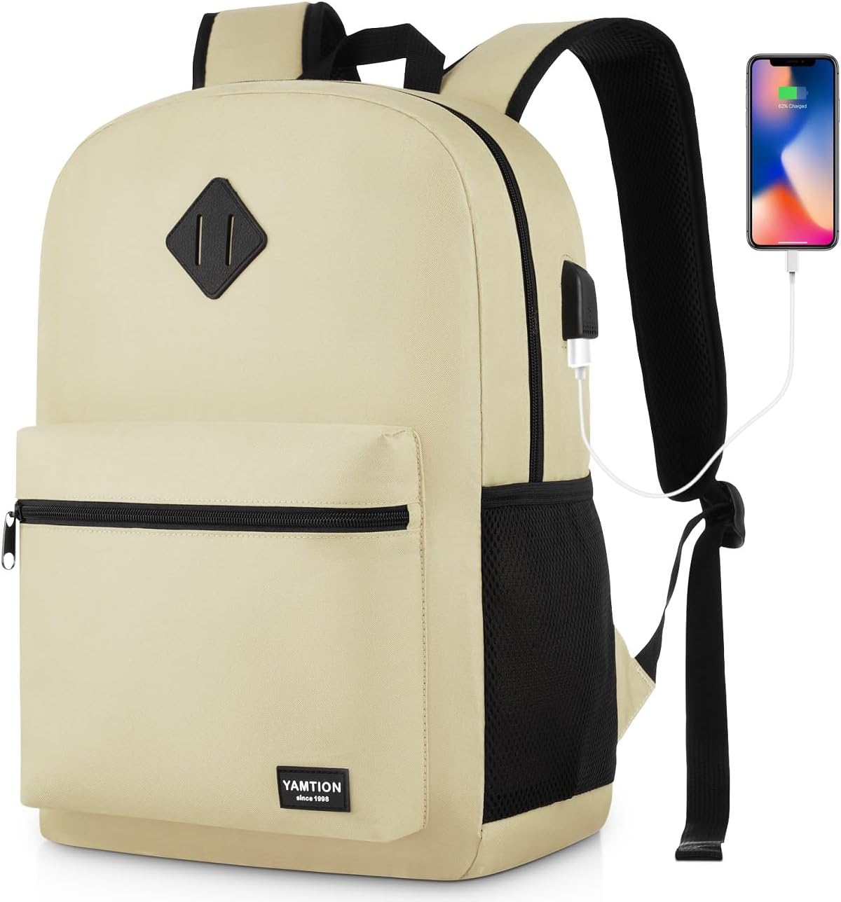 School Backpack,Unisex Classic Bookbag Teens Schoolbag with USB Port for High School College Office Work Travel, 15.6 inch, Beige