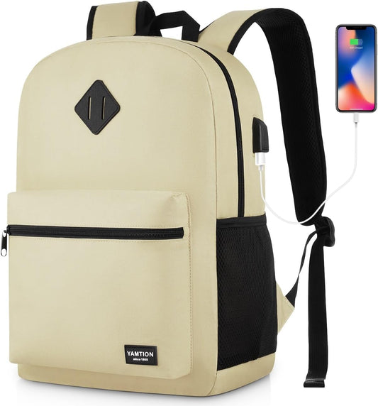 School Backpack,Unisex Classic Bookbag Teens Schoolbag with USB Port for High School College Office Work Travel, 15.6 inch, Beige