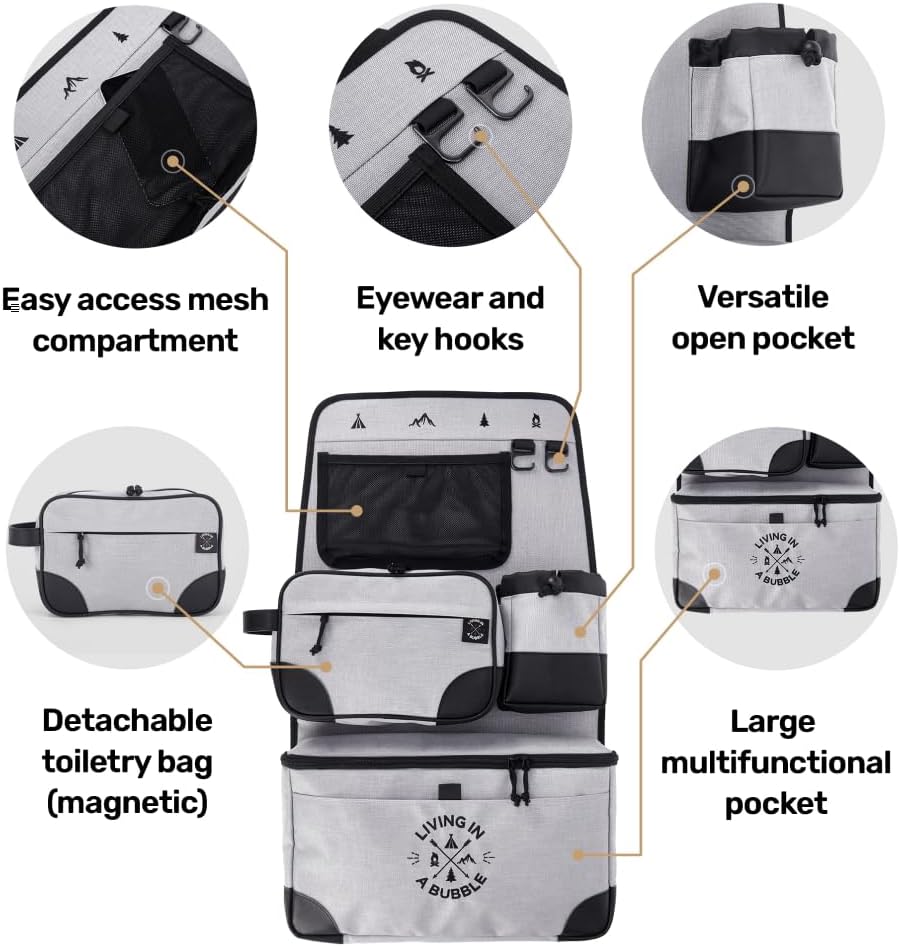 Living in a Bubble Seat back Organizer – Magnetic Toiletry and Cooler Pouch, Cordura Car Backseat Storage with Device Holder & Hooks, Multi-Compartment Utility Bag for Campervans & Family Travel
