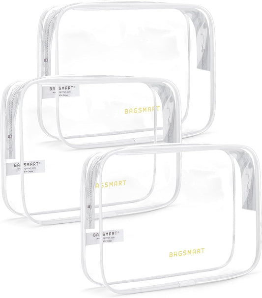 BAGSMART Clear Toiletry Bag, 3 Packs TSA Approved Water Resistant Quart Size Travel Organizer, Airport Airline Travel Essential Carry On Makeup Cosmetic Bags for Women, White