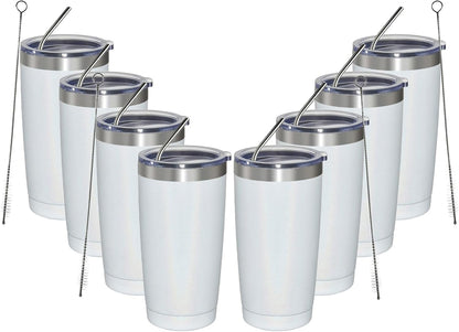 MEWAY 20oz Tumbler 8 Pack Double Wall Vacuum Insulated Travel Glitter Mug Bulk, Stainless Steel Tumblers with Lid and Straw, Powder Coated Coffee Cups for Woman(Rainbow White,Set of 8)