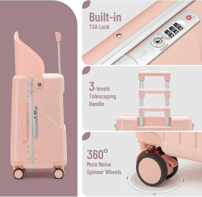 22'' Hardside Ride-On Suitcase with Seat for Kids & Adults – Travel Luggage with 360° Spinner Wheels, Lockable TSA Lock & Seat Belts, Foldable Stool for Airport Waiting