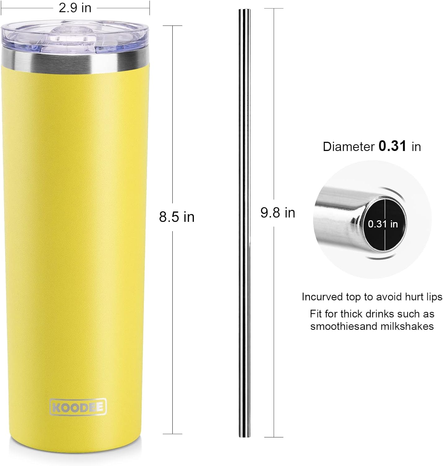Koodee 20 oz Skinny Tumbler - Stainless Steel Double Wall Insulated Slim Water Cup With Straw and Lids (Yellow)