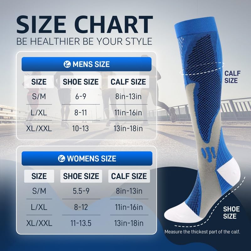 Kickticks 4 Pairs Compression Socks for Woman & Man Unisex 20-30mmHg Knee high Plus Size Wide Calves for Flying Running…