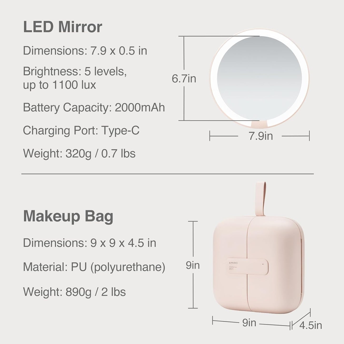 AMIRO M2 LumoCube Makeup Mirror with Bag - Portable LED Makeup Mirror with Lights, 5-Level Brightness, 3-Color Lights - Travel Makeup Organizer - Pink