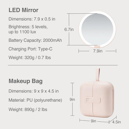 AMIRO M2 LumoCube Makeup Mirror with Bag - Portable LED Makeup Mirror with Lights, 5-Level Brightness, 3-Color Lights - Travel Makeup Organizer - Pink