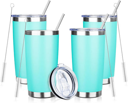 20oz Tumbler with Straw and Brush, Stainless Steel Vacuum Insulated tumbler, Double Wall Insulated Coffee Tumbler for Outdoor, Home, Travel,Office (Light green，4pcs)