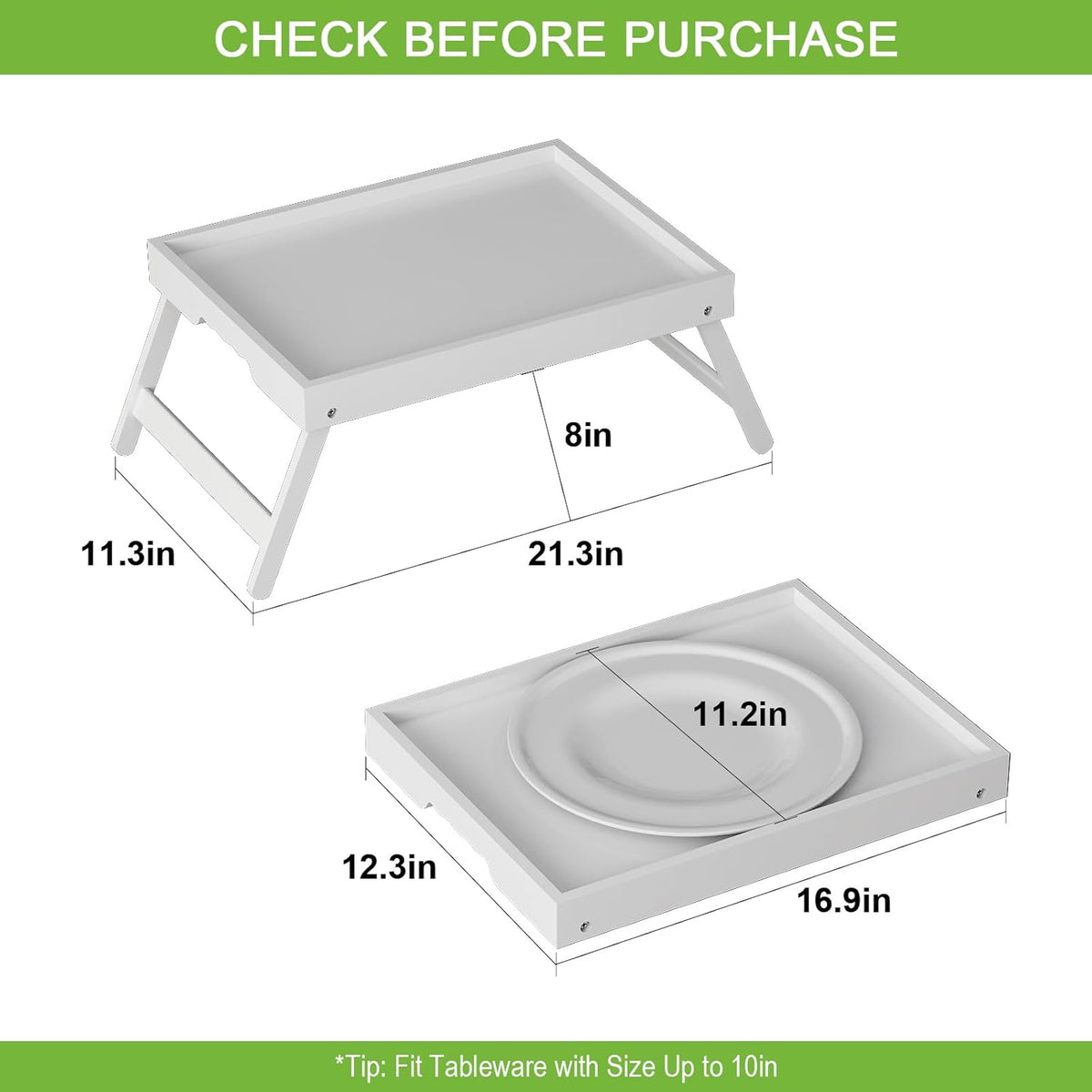 Bed Tray Table with Folding Legs,Bamboo Breakfast in Bed for TV Table,Tray,Eating,Snack Tray,Laptop Computer (White, Large)