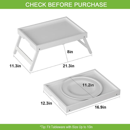 Bed Tray Table with Folding Legs,Bamboo Breakfast in Bed for TV Table,Tray,Eating,Snack Tray,Laptop Computer (White, Large)