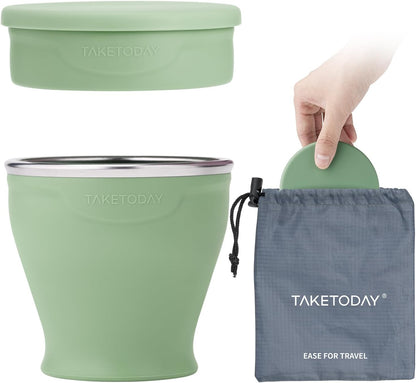 TakeToday Collapsible Travel Cup - Silicone Foldable Water Cup, BPA-Free with Lid & Waterproof Bag - Drinking Cup Set for Office, Camping & International Travel（8 Oz, Green）