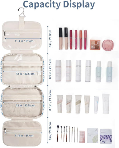 Narwey Travel Toiletry Bag for Women Large Hanging Makeup Bag Organizer Toiletries Bag for Full Size Essentials Accessories Cosmetics (Little Blue Flower (Large))