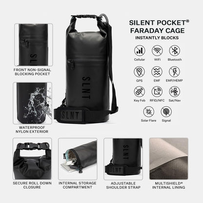 SLNT Waterproof Faraday Dry Bag - 420D Waterproof Nylon Signal Blocking Backpack - Protects Electronics from Water, Spying, Hacking - Blocks RFID, WiFi, Bluetooth, NFC, Cellular, GPS, EMF (5 Liter)