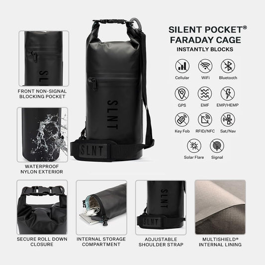 SLNT Waterproof Faraday Dry Bag - 420D Waterproof Nylon Signal Blocking Backpack - Protects Electronics from Water, Spying, Hacking - Blocks RFID, WiFi, Bluetooth, NFC, Cellular, GPS, EMF (5 Liter)