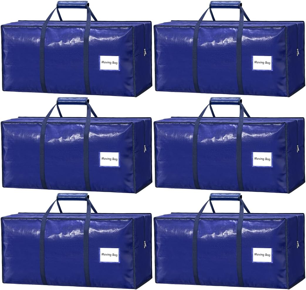 6 Pack Heavy Duty Moving Bags with Padded Wrap Around Handles-Strengthened Zipper Extra Large Storage Totes for Dorm College Clothes
