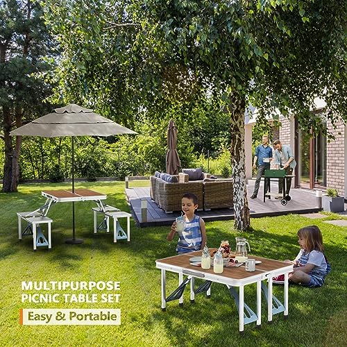 VINGLI 4 Ft Camping Picnic Table Set with 4 Seats with Umbrella Hole Folding Lightweight Suitcase Card Table-220 Lbs Support Aluminum Frame, Plastic RV Tabletop for Barbecue,Travel,Outing,Gathering