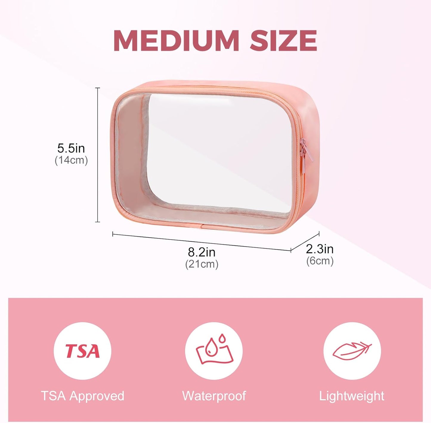 Moyad TSA Approved Clear Toiletry Bag, 3 Pack Quart Size 3-1-1 Liquids Pouch for Travel, Transparent Makeup & Cosmetic Organizer for Women Men, Peach Pink