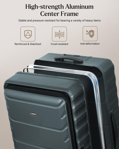 Checked Luggage, 28 Inch Luggage with Spinner Wheels, Large Suitcase with Lightweight PC Hard Shell, Aluminum Frame, Top Opening, YKK Zipper, TSA Lock (Dark Green, 1PC)