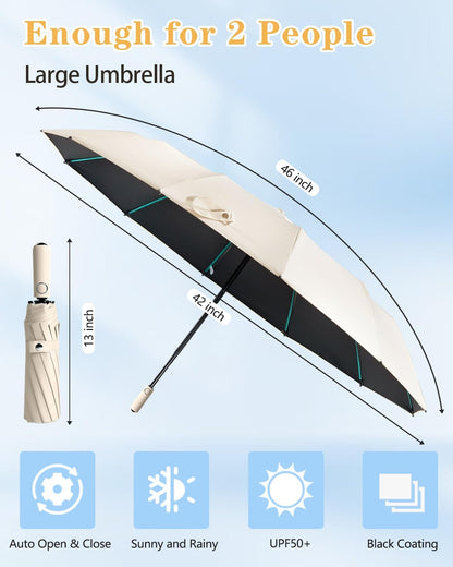 Large Double-Ribs Umbrella Automatic Folding Umbrella for Women Men, Travel, UPF 50+ UV Protection