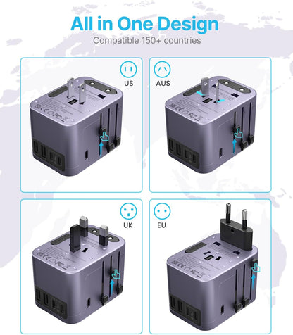 Universal Travel Adapter, VINTAR International Power Adapter with 6A 3 USB C and 2 USB Ports, All in One Travel Essentials Plug Adapter, Worldwide Outlet Converter for Europe UK USA AUS(Type C/G/A/I)