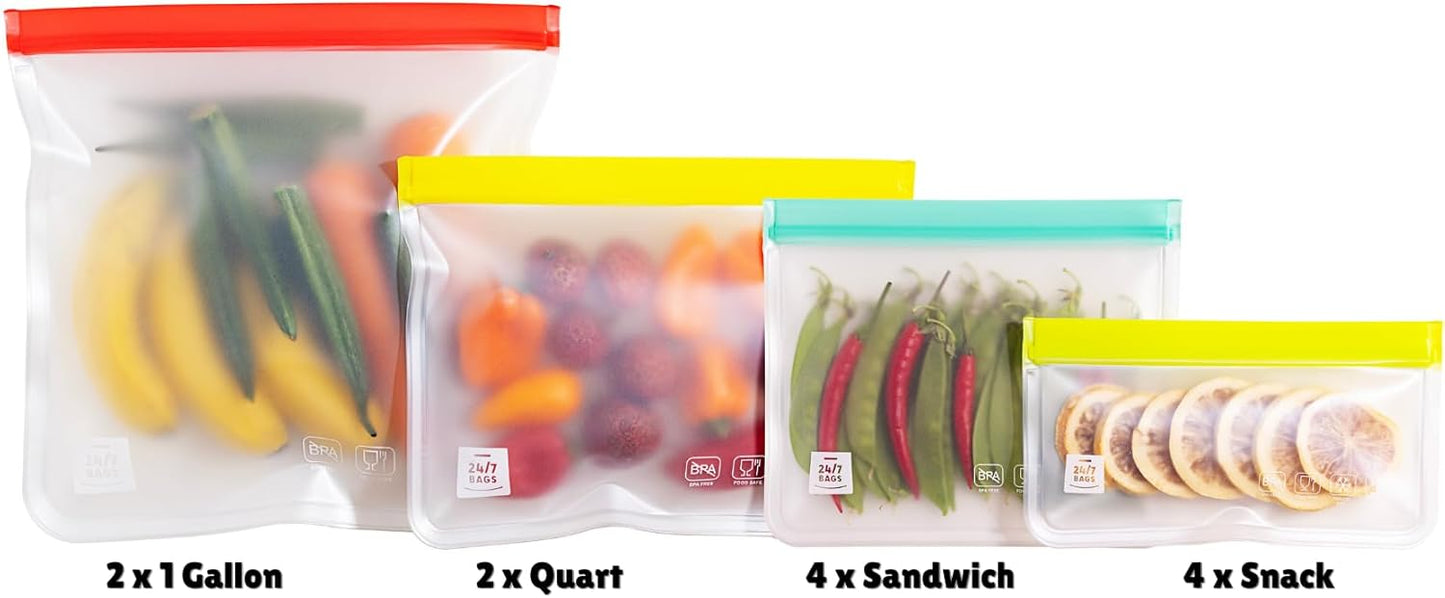 12 Pack Variety Reusable Food Storage Bags, Food Grade Silicone PEVA Material, Double Zipper, Freezer Safe, BPA-Free (4 Snack, 4 Sandwich, 2 Quart, 2 Gallon)