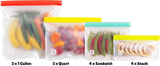 12 Pack Variety Reusable Food Storage Bags, Food Grade Silicone PEVA Material, Double Zipper, Freezer Safe, BPA-Free (4 Snack, 4 Sandwich, 2 Quart, 2 Gallon)