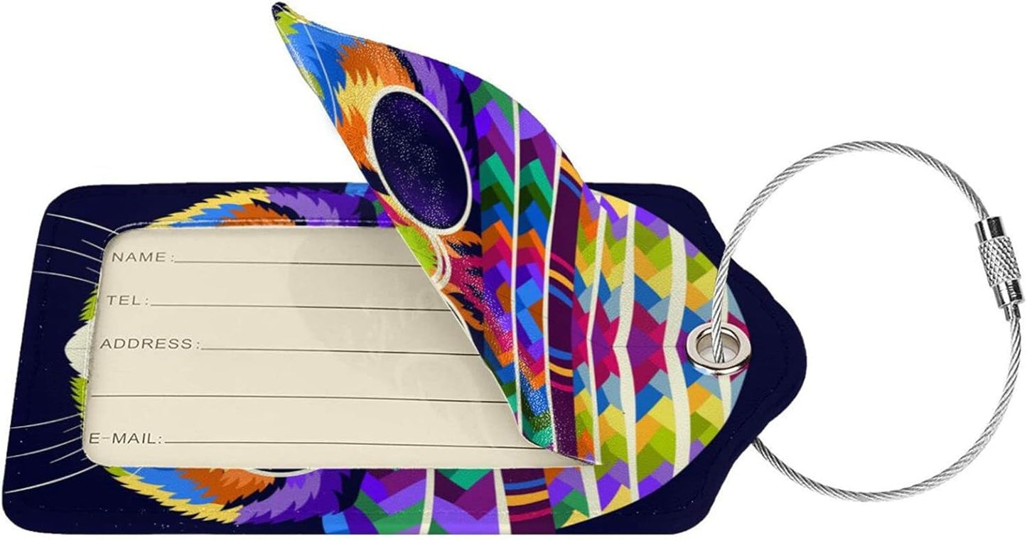 Artistic Cat with Glasses Leather Luggage Tags, 2 Pack, Multicolor, 4.6 X 2.7 Inch, Waterproof, Privacy Flap