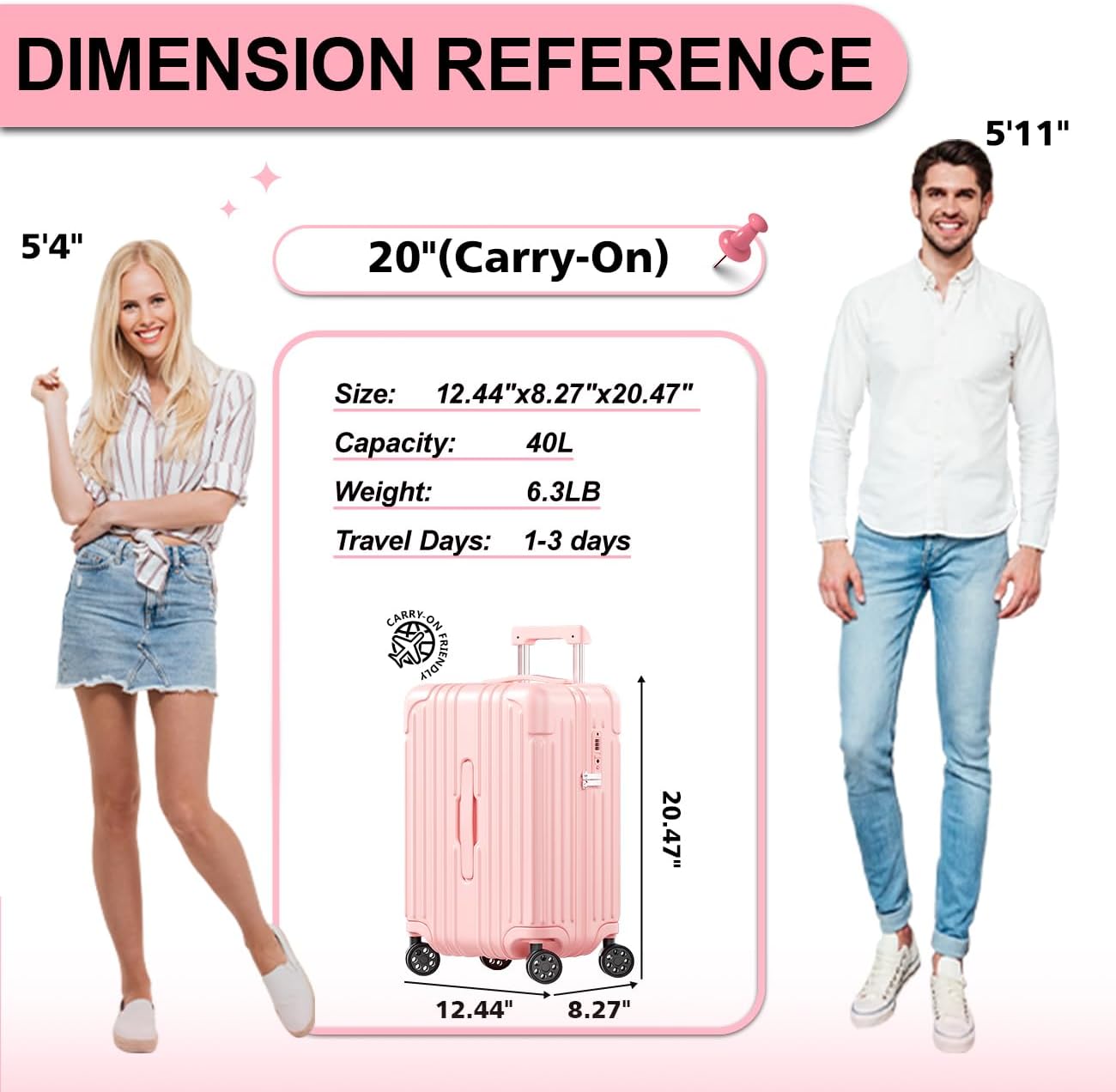 Krute Carry on Luggage 20 Inch USB Suitcases with Spinner Double Wheels Cup Holder PC+ABS Hardside Luggage with TSA Lock (Pink)