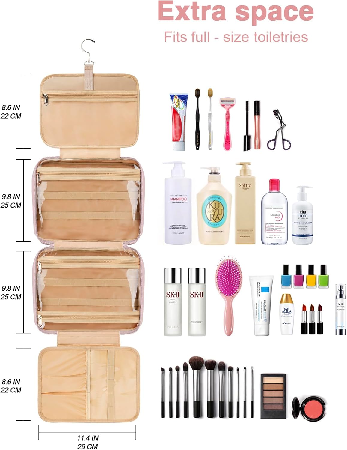 Women's Hanging Toiletry Bag, Waterproof Travel Cosmetic Organizer with Jewelry Storage, Large Capacity Makeup Case for Full-Size Skincare & Bathroom Essentials, Portable Cosmetic kit, Pink