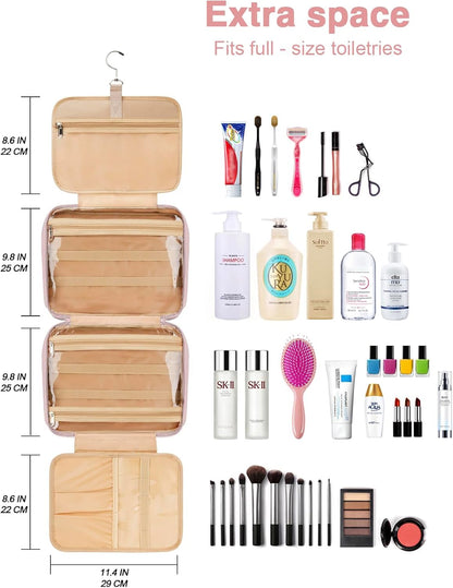 Women's Hanging Toiletry Bag, Waterproof Travel Cosmetic Organizer with Jewelry Storage, Large Capacity Makeup Case for Full-Size Skincare & Bathroom Essentials, Portable Cosmetic kit, Pink