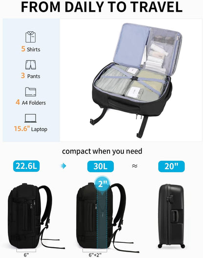 ECOHUB 30L Carry on Travel Backpack for Men Women 18x14x8, 17 inch Expandable Airlines Personal Item Bag Water Resistant Laptop Backpack Flight Approved with USB Slot & Wet Pocket, Black