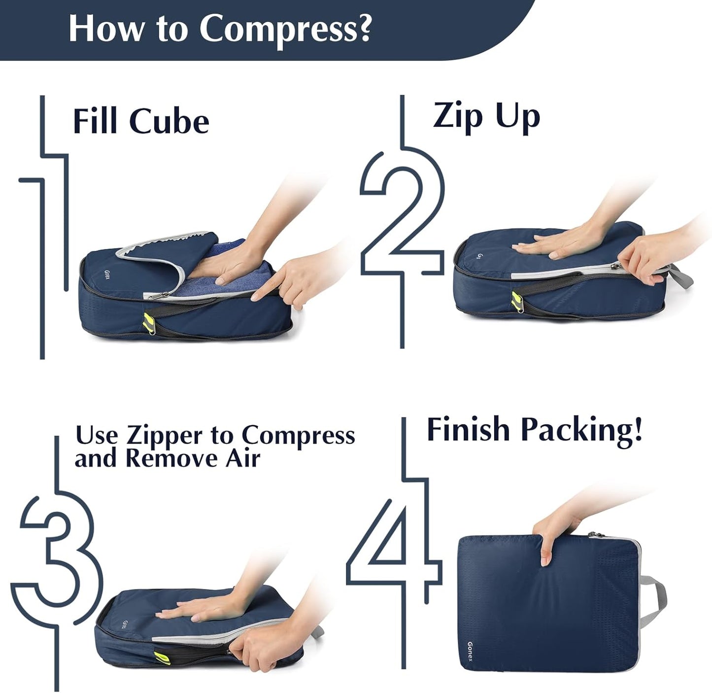 Gonex Compression Packing Cubes, 3pcs/4pcs Expandable Storage Travel Luggage Bags Organizers