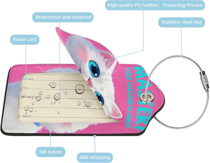 Fun Luggage Tags for Suitcases Leather Name Tag for Luggage Cute Travel Baggage Tags for Carnival Cruise Ships with Funny Patter 2pcs (Pink Cat)