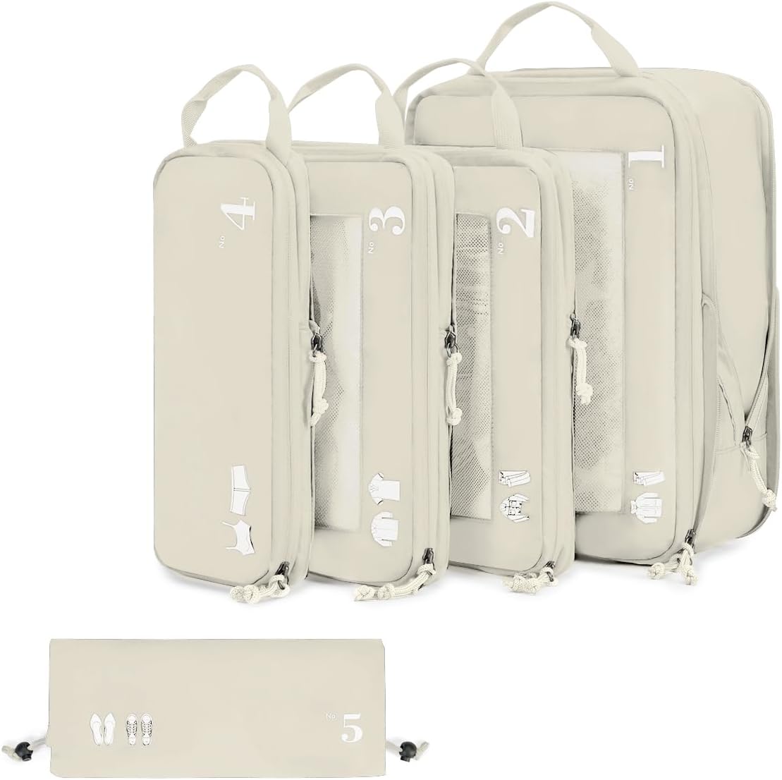 ECOHUB 5 Set Compression Packing Cubes for Suitcases Organiser Bags Set Travel Essentials with Shoe Bag for Traveling Tear-resistant Travel Accessories with ID Tag Expandable Packing Bags(Beige)