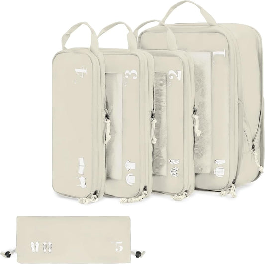 ECOHUB 5 Set Compression Packing Cubes for Suitcases Organiser Bags Set Travel Essentials with Shoe Bag for Traveling Tear-resistant Travel Accessories with ID Tag Expandable Packing Bags(Beige)