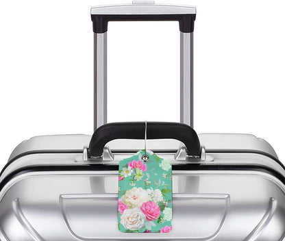 Set of 2 Beautiful Floral-Themed Luggage Tags with Pink and White Roses Flower Pattern, Cute Succulent Green Suitcase Travel Tags for Women Girls, Name ID Identifier Labels with Full Privacy Cover