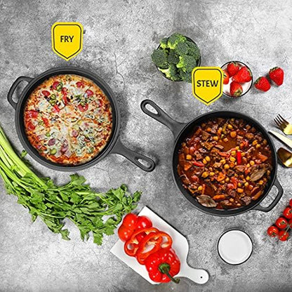 EDGING CASTING 2-in-1 Pre-Seasoned Cast Iron Dutch Oven Pot with Skillet Lid Set, 10" Skillet 3QT Pot for Cooking, Baking, Frying and Camping