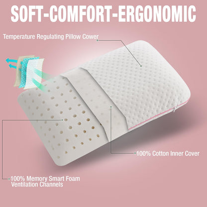Travel & Camping Comfortable Memory Foam Pillow – Easy to Carry Portable Bag – Temperature Regulating Pillow Case (Pink + Extra Cover)