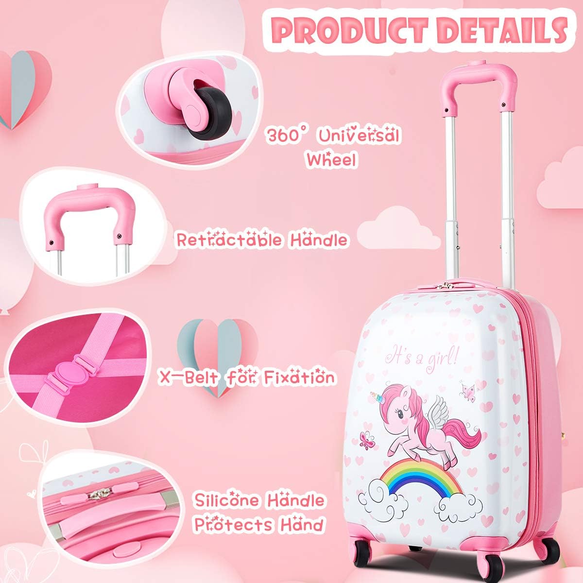 HONEY JOY Kids Luggage, 12" Toddler Backpack & 16" Travel Suitcase with Wheels, Lightweight Toddler Girls Suitcase, Durable ABS Hardshell, 2Pcs Carry On Luggage Set for Boys Girls(Unicorn)