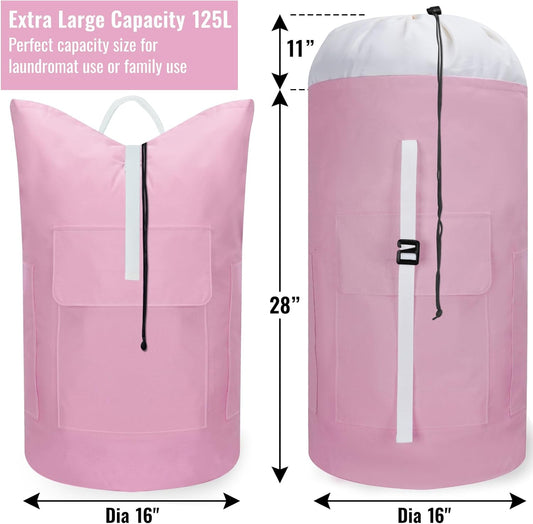 Laundry Bag Backpack, 125L Extra Large Travel with Shoulder Straps, Adjustable & Extendable Design, Laundry Hamper Bag with 3 Pockets for Laundromat, College, Travel, Camping (Pink)