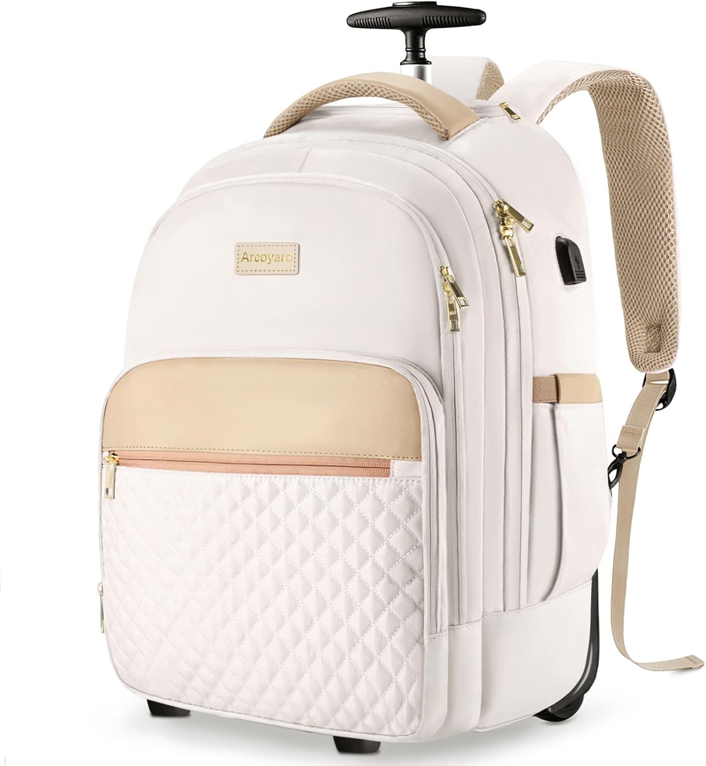 Small Rolling Backpack, Underseat Carry On Luggage With Wheels For Adults, 15.6 Inch Wheeled Backpack for Women, Travel Roller Bag, Beige