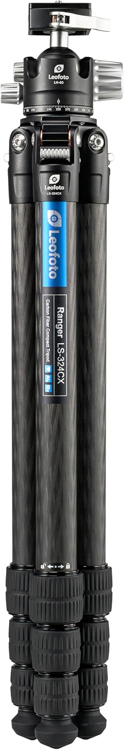 Leofoto LS-324CX+LH-40LR Travel Tripod, Ranger Series, Carbon Fiber, 4 Leg Sections, Lightweight, Ball Head Set
