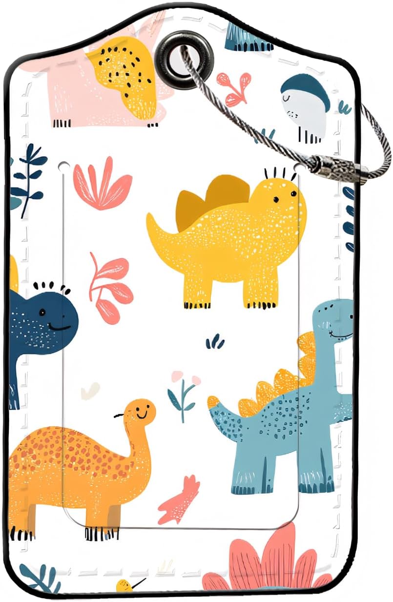 Luggage Tags for Suitcases, 2-Pack PU Leather for Cruise & Travel, Baggage ID Tags with Privacy Cover & Address Card, Durable Metal Ring, Kids Adults Travel Accessories, Playful Dinos