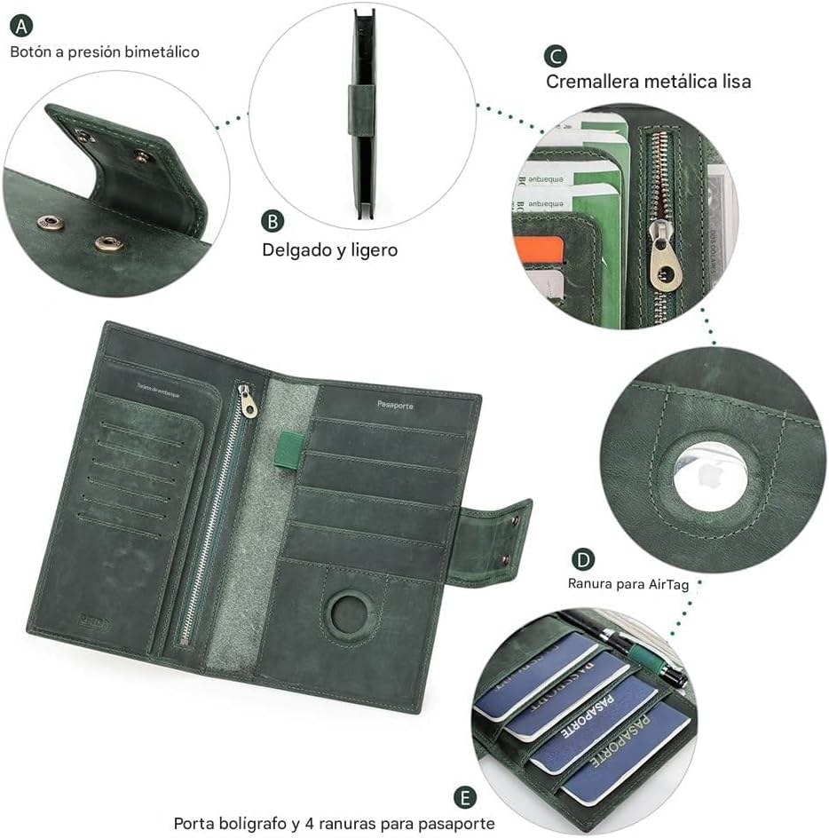 CONTACTS Full Grain Leather Family Passport Holder for 4 Airtag Passport Wallet RFID Blocking Travel Passport Cover with 4 Passport Slot, 6 Card Slot (Green)