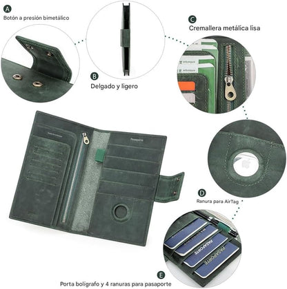 CONTACTS Full Grain Leather Family Passport Holder for 4 Airtag Passport Wallet RFID Blocking Travel Passport Cover with 4 Passport Slot, 6 Card Slot (Green)