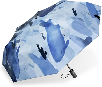 Cuby UV Sun Umbrella Compact Folding Travel Umbrella Auto Open and Close for Windproof, Rainproof & 99.9% UV Protection Parasol with Black Anti-UV Coating (Blue Whale)